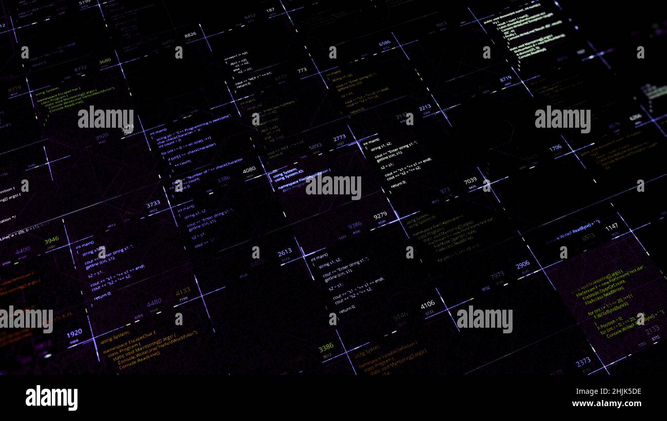Multiple source codes on digital background. Animation. Program codes ...