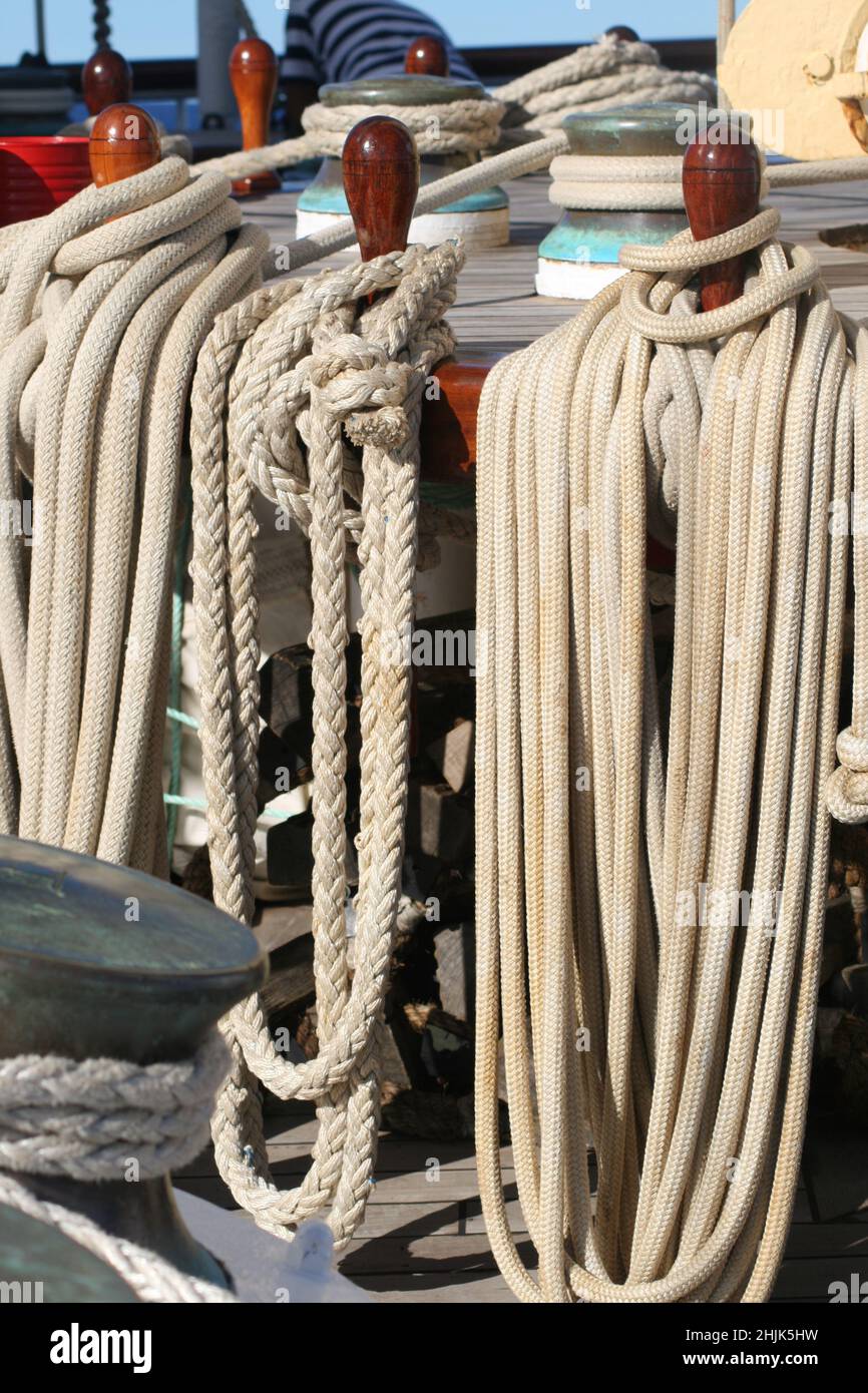 Ropes stored onboard a tall ship Stock Photo - Alamy