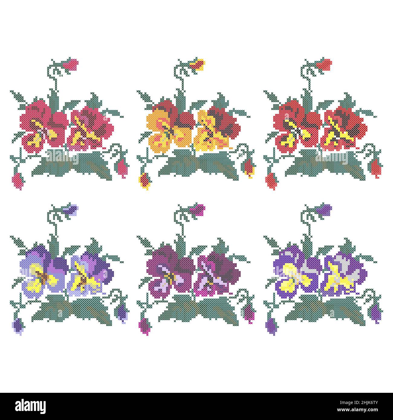 Cross stitch pansies, floral embroidery, traditional Ukrainian ornament