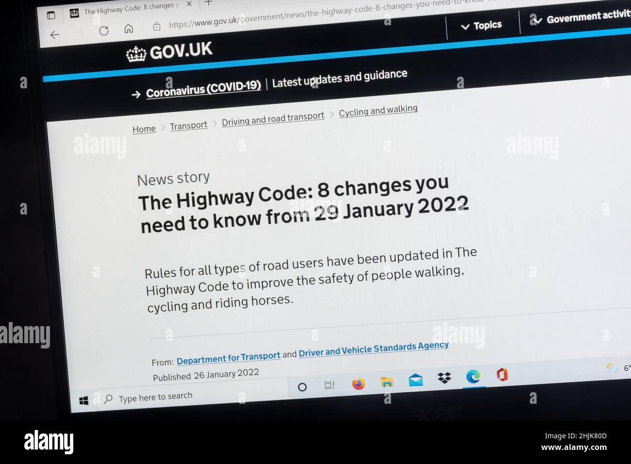 29 January 2022, UK. The highway code has been updated to improve the safety of people walking, cycling and riding horses. Pictured is the relevant gov.uk website page with news about the updates on a laptop computer. Stock Photo