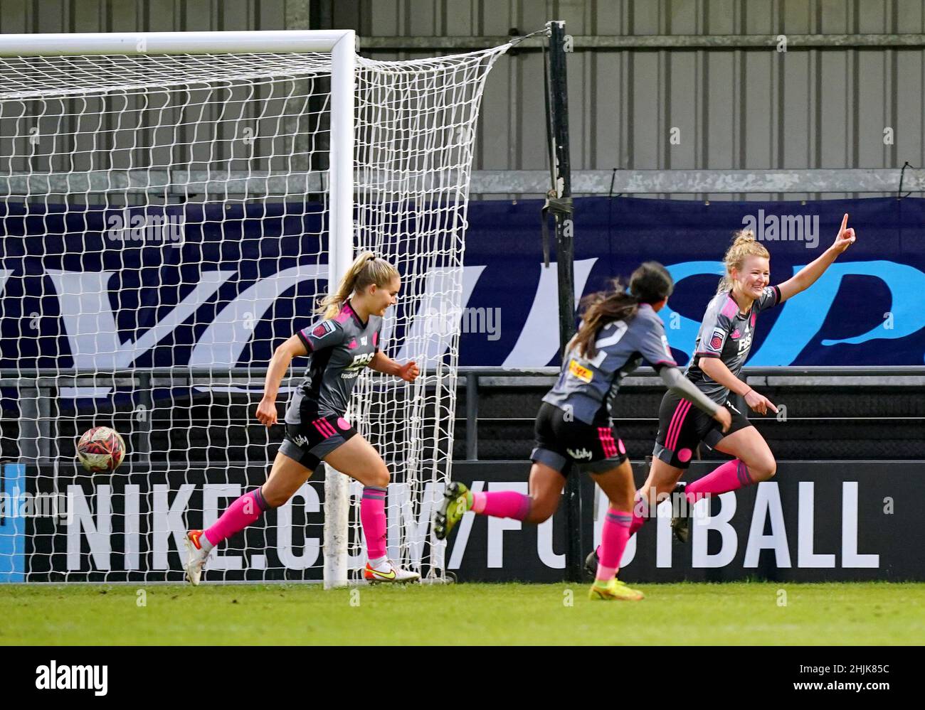Leicester City's Esmee de Graaf (right) celebrates scoring their side's third goal of the game during extra time of the Vitality Women's FA Cup fourth round match at The Hive, London. Picture date: Sunday January 30, 2022. Stock Photo