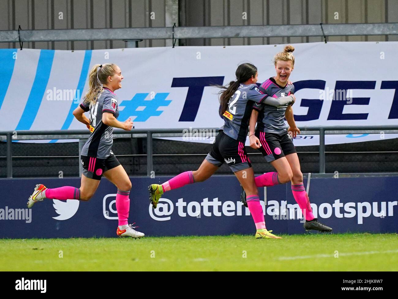 Leicester City's Esmee de Graaf (right) celebrates scoring their side's third goal of the game during extra time of the Vitality Women's FA Cup fourth round match at The Hive, London. Picture date: Sunday January 30, 2022. Stock Photo