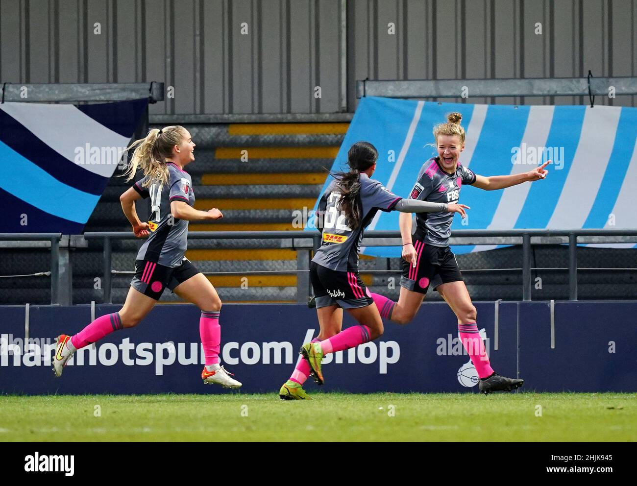 Leicester City's Esmee de Graaf (right) celebrates scoring their side's third goal of the game in extra time of the Vitality Women's FA Cup fourth round match at The Hive, London. Picture date: Sunday January 30, 2022. Stock Photo