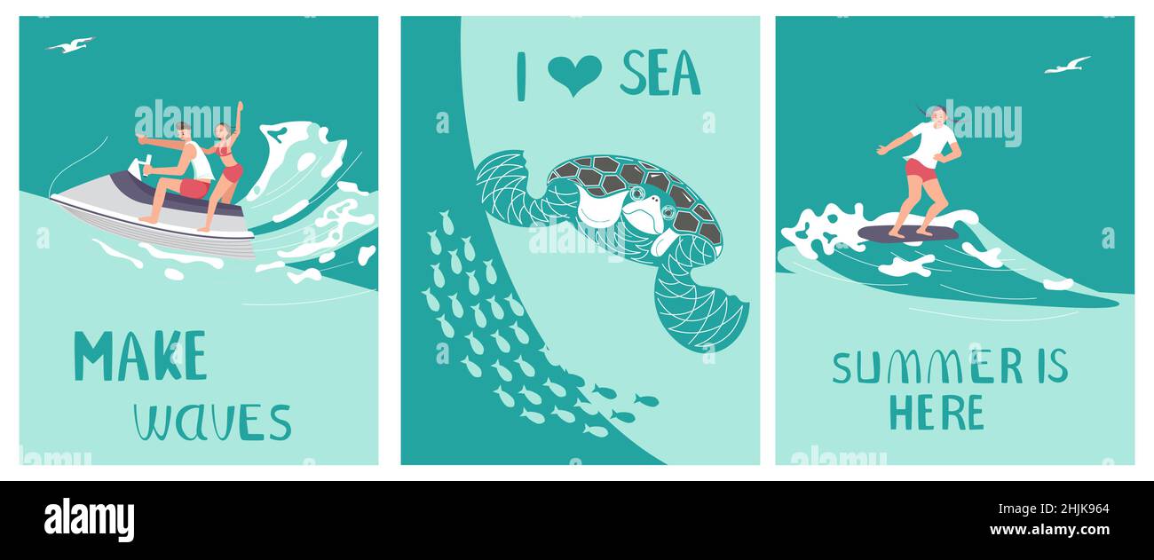 Set of Postcard I love sea in a marine style Stock Vector