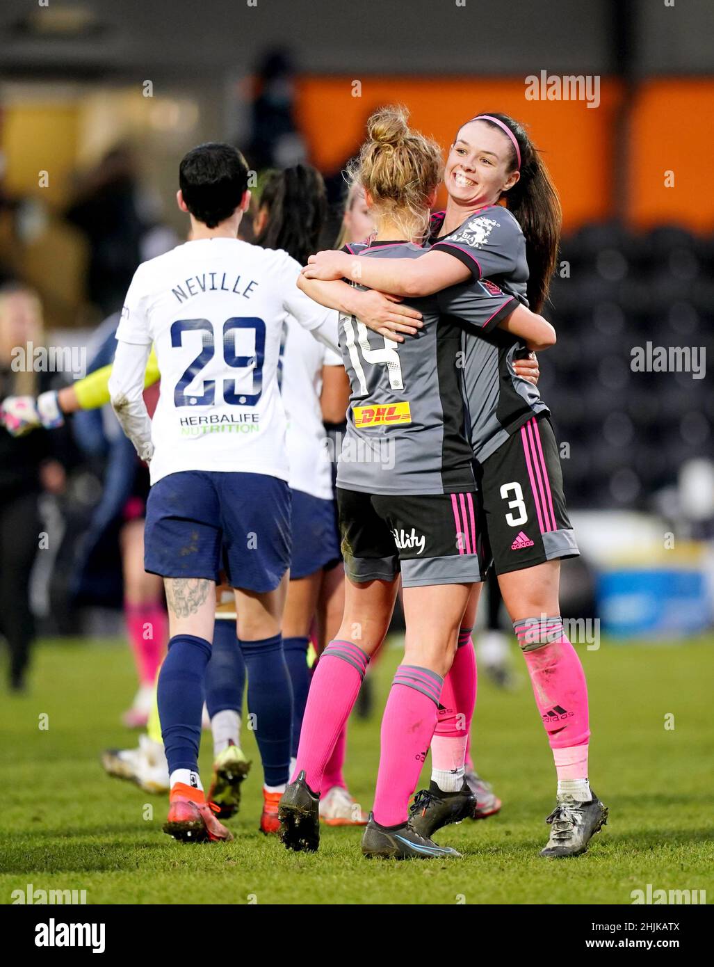 Leicester City's Sam Tierney (right) celebrates with team-mate Esmee de Graaf at the end of the Vitality Women's FA Cup fourth round match at The Hive, London. Picture date: Sunday January 30, 2022. Stock Photo