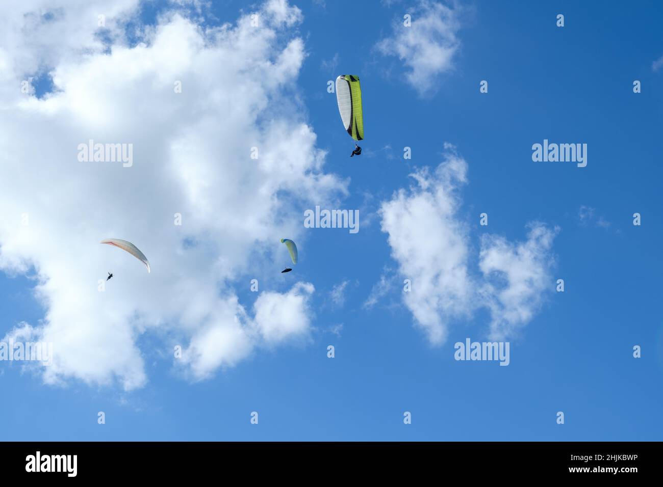 Paragliding pilots in the air with blue sky and white clouds, near the Wasserkuppe nature park Rhön Germany. Stock Photo