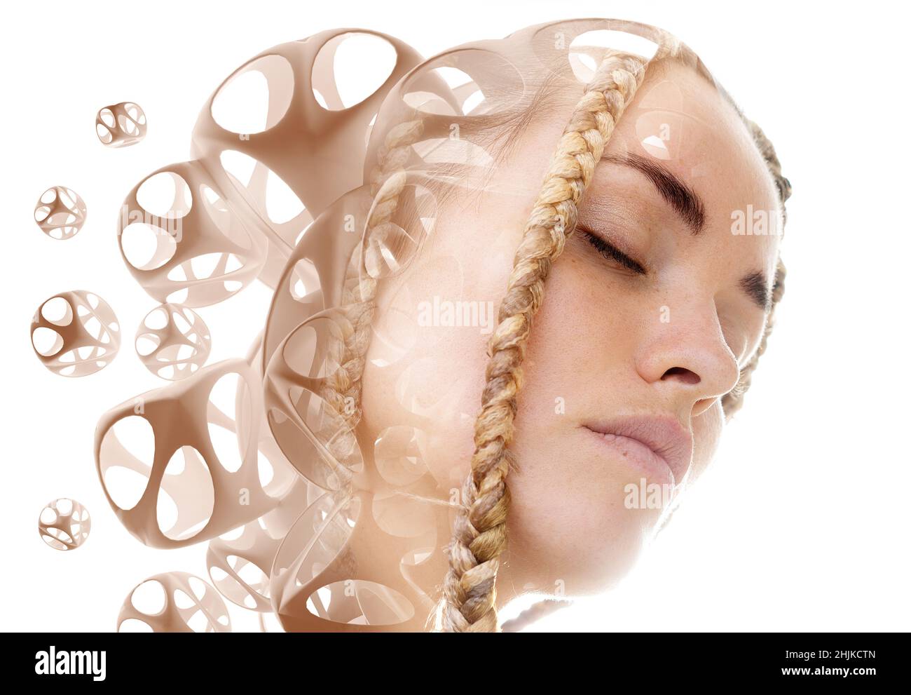 A portrait of a woman combined with multiple holey 3D spheres. Stock Photo