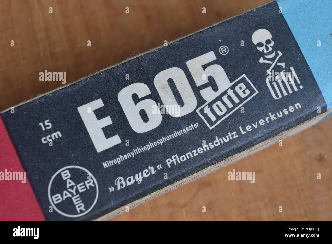 Historical pack of the insecticide Parathion, sold by the Bayer company under the name E 605. Stock Photo