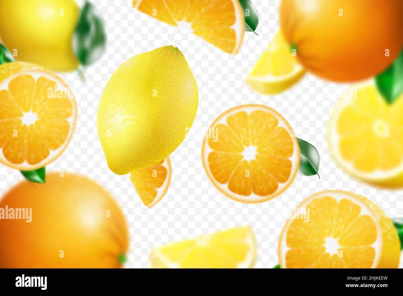 3D realistic citrus background with flying oranges and lemons, with ...