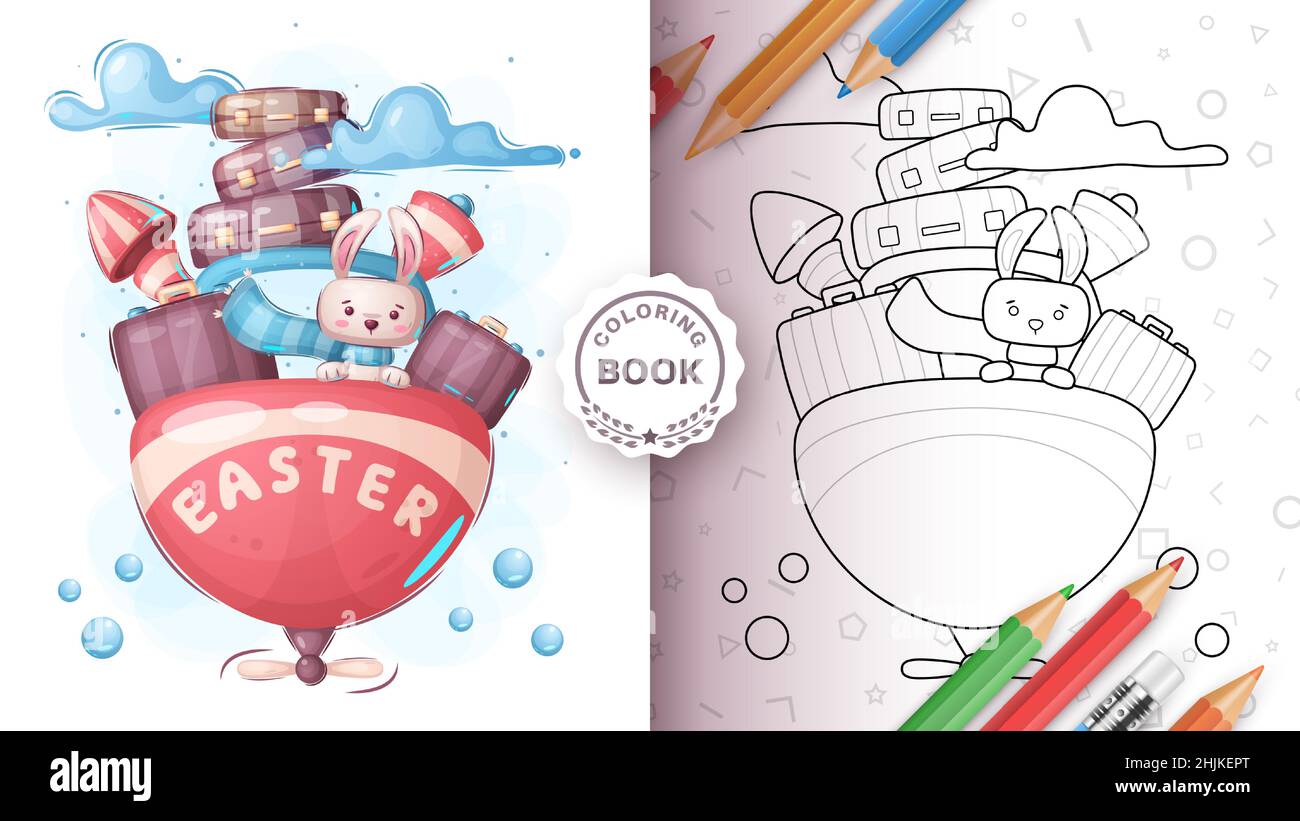 Cartoon character animal rabbit travel - coloring page Stock Vector
