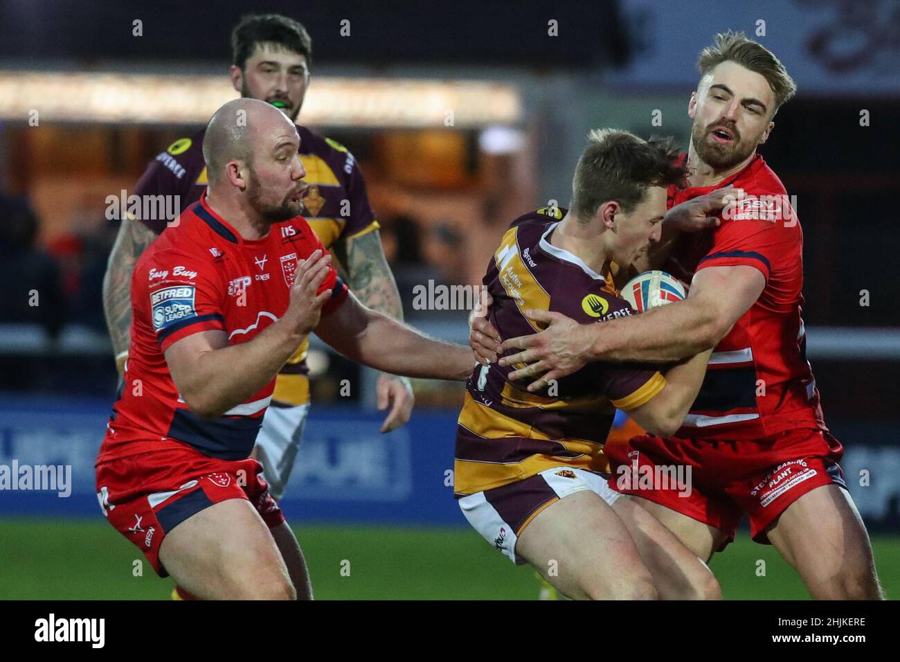 Tom Garratt (26) and George King (10) of Hull KR in action during the ...
