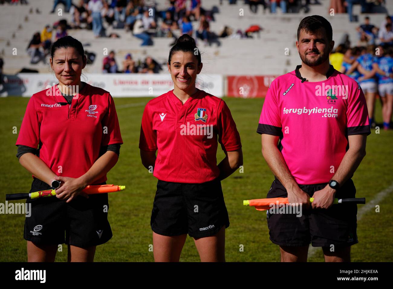 Estadio Nacional Complutense, Madrid, Spain. 30th Jan, 2022. V Iberian Women's Rugby Cup. Complutense Cisneros Rugby Club v Sporting Clube de Portugal. From left to right: Touch judge 2: Maria Ana SARAGGA (Portuguese Rugby Federation)Referee: Maria PACIFICO (Italian Rugby Federation) Touch judge 1: Miguel FERNANDEZ (Spanish Rugby Federation) Credit: EnriquePSans/Alamy Live News Stock Photo