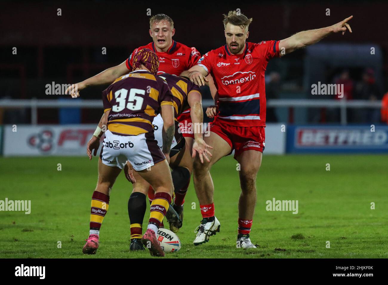 Tom Garratt (26) of Hull KR directs play in, on 1/30/2022. (Photo by