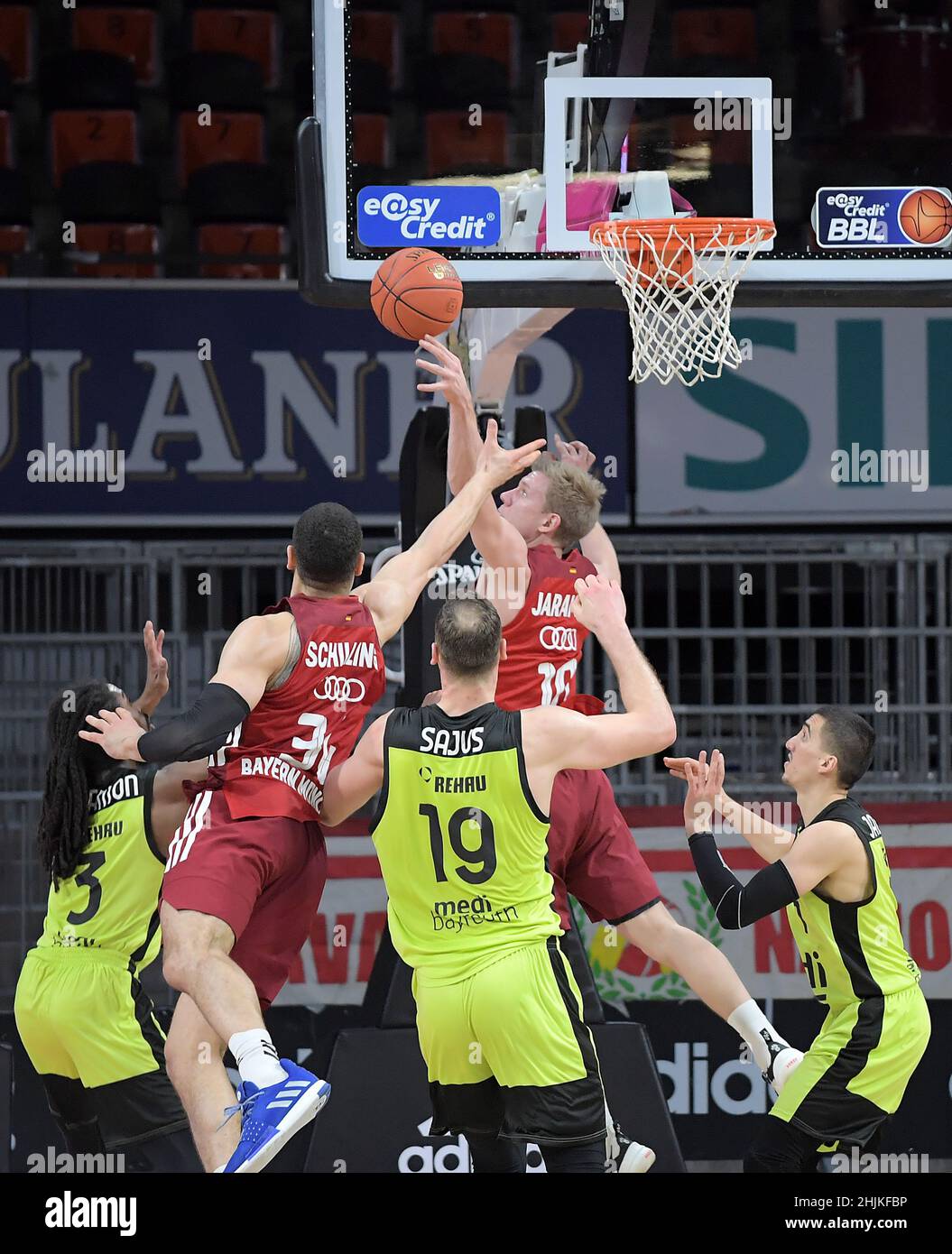Muenchen, Deutschland (DE), 30 January, 2022. Pictured left to right, Marcus Thornton (medi Bayreuth), Zan Mark Sisko (FC Bayern Basketball), Martynas Sajus (medi Bayreuth), Ognjen Jaramaz (FC Bayern Basketball) Zweikampf, Aktion, action, battle for the ball at the Basketball BBL Bundesliga, FC Bayern Muenchen Basketball - medi Bayreuth. Credit: Eduard Martin/Alamy Live News Stock Photo