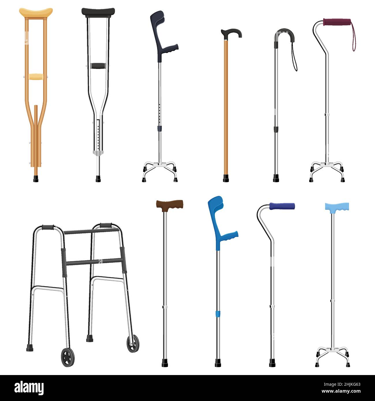 Set of mobility aids including walker, walking sticks and crutches. Telescopic metal canes, wooden cane, cane with additional support, telescopic crut Stock Vector