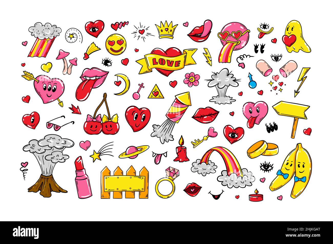 Love Sticker pack with modern weird characters. Vector illustration. Valentines Day design elements Stock Vector