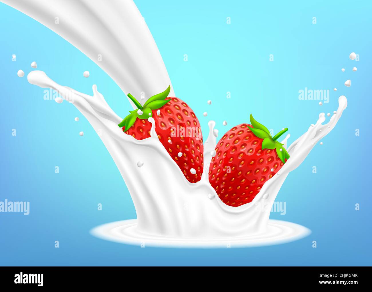 Milk splash and strawberry 3d vector object. Natural dairy products ...