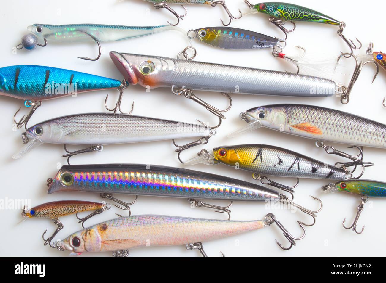 Fishing Lures with hooks on a white background Stock Photo