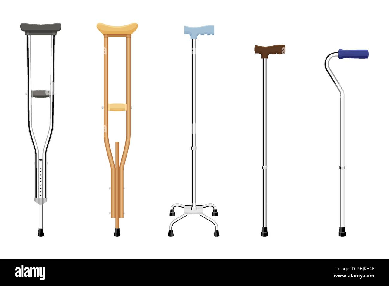 Set of walking sticks and crutches. Telescopic metal canes, wooden cane