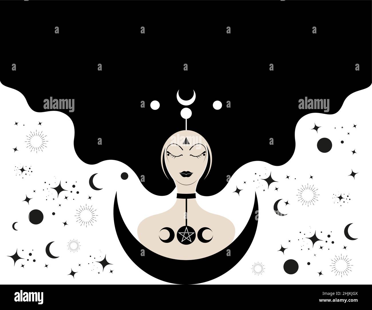 Priestess with lonh hair, template. Crescent moon, sacred wiccan woman goddess icon. Triple Moon Religious Wicca sign. Neopaganism symbols on white Stock Vector