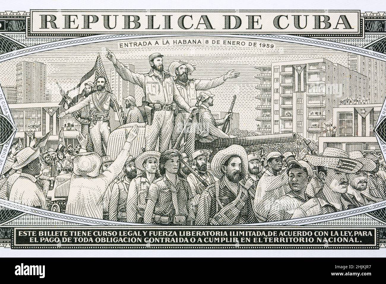 Fidel Castro and his men entering Havana from Cuban money - Pesos Stock Photo