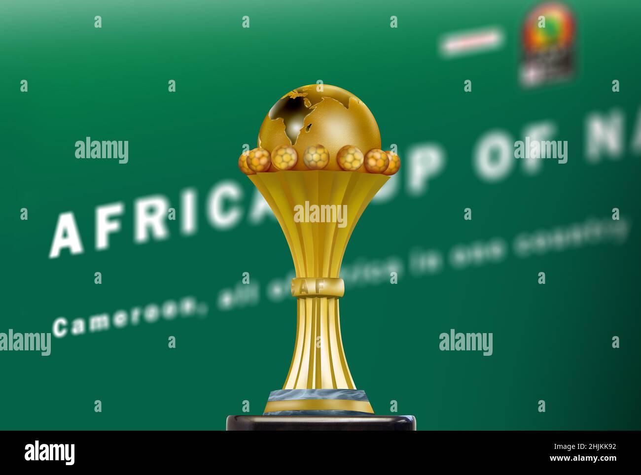 AFCON, The CAF Africa Cup of Nations cup. Hosted by Cameroon 2022. Gold plated cup and made in Italy. Trophy for the winners of the competition. Stock Photo