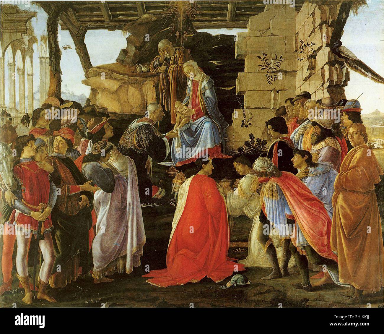 Sandro Botticelli  (1445–1510) Sandro Botticelli: Adoration of the Magi  Depiction of the members of the Medici family as kings: Cosimo de' Medici (kneeling), Piero de' Medici and Giovanni (figures from the back in the centre) and members of the Medici court Datecirca 1476 Stock Photo