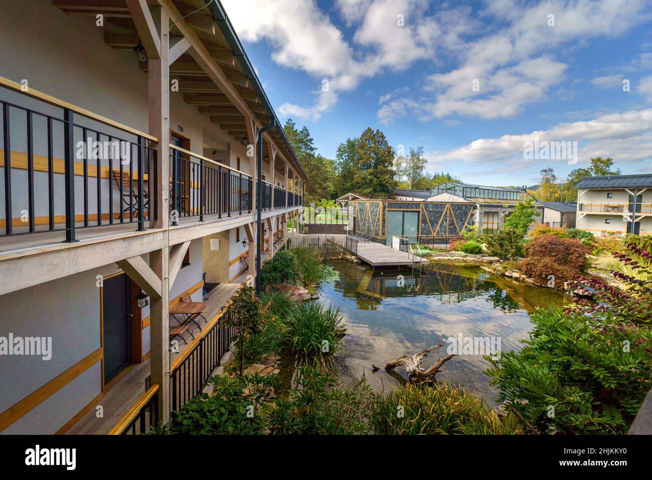 View from terrace of modern hotel with garden pond Stock Photo