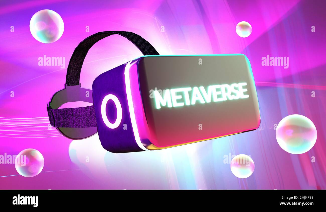 Metaverse futuristic concept with VR virtual reality headset in 3D. Meta verse is a virtual world space simulation technology for game and entertainme Stock Photo