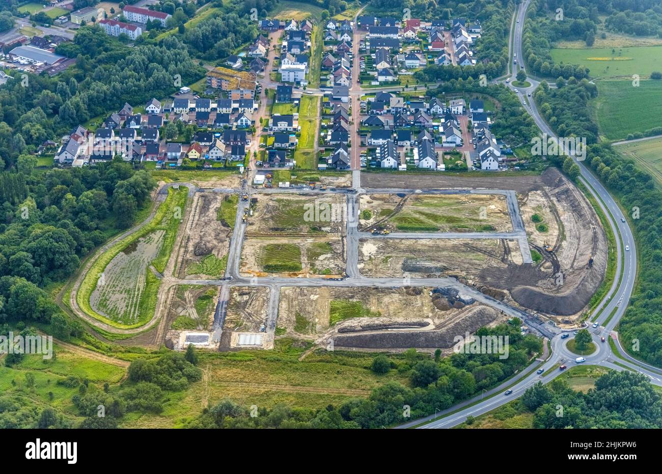 Aerial view, building area at Sachsenring with housing estate in the district of Heessen, Hamm, Ruhr area, North Rhine-Westphalia, Germany, constructi Stock Photo