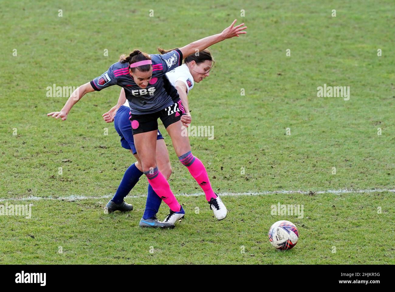 Tottenham Hotspur's Rachel Williams (right) and Leicester City's Ashleigh Plumptre battle for the ball during the Vitality Women's FA Cup fourth round match at The Hive, London. Picture date: Sunday January 30, 2022. Stock Photo