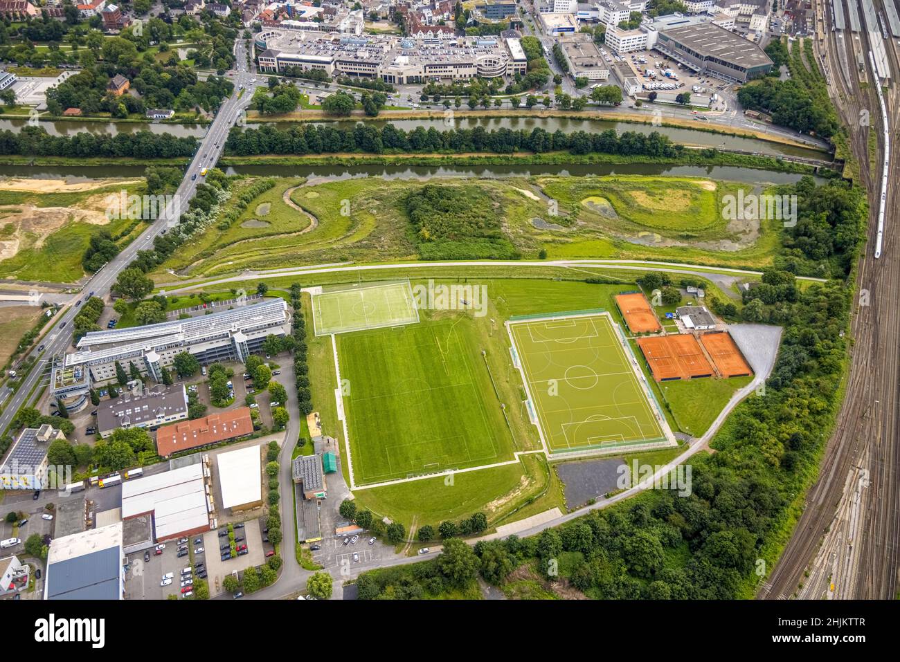 Aerial view, sports facility Hockey- und Tennisclub Hamm am Fluss Lippe, Hamtec building, Allee-Center, Heessen, Hamm, Ruhrgebiet, Nordrhein-Westfalen Stock Photo