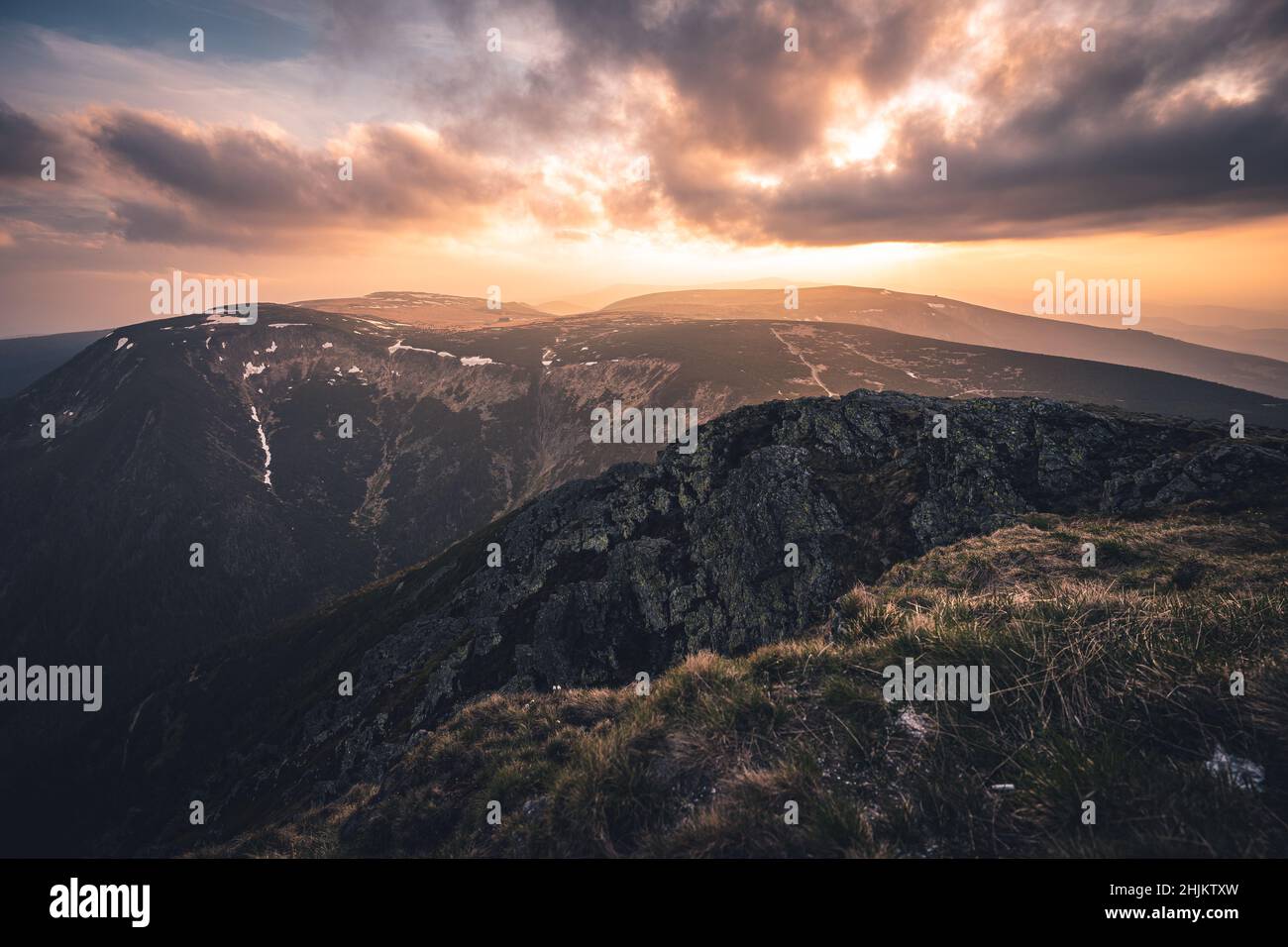 Sunset from the highest Czech mountain Snezka Stock Photo
