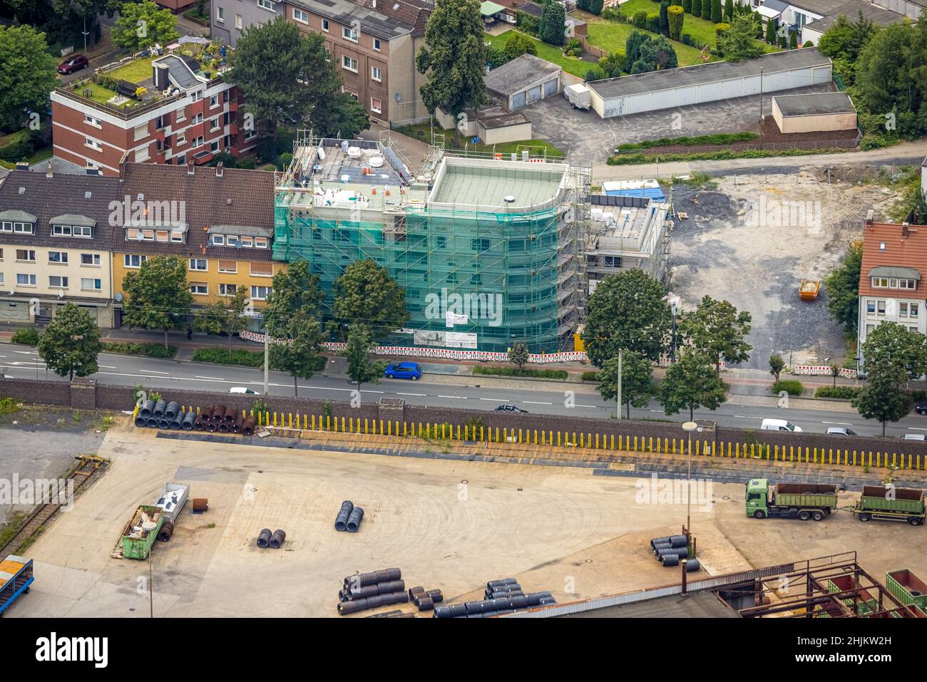 Aerial view, construction site , Luftbild, Baustelle Neubau Wilhelmstraße 23, Mitte, Hamm, Ruhrgebiet, Nordrhein-Westfalen, Deutschland, Bauarbeiten, Stock Photo