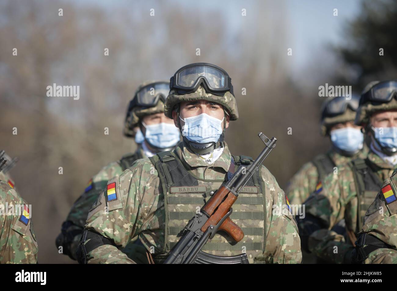 Bucharest, Romania - January 24, 2022: Details with Romanian soldiers holding AK 47 automatic rifles during a public ceremony. Stock Photo