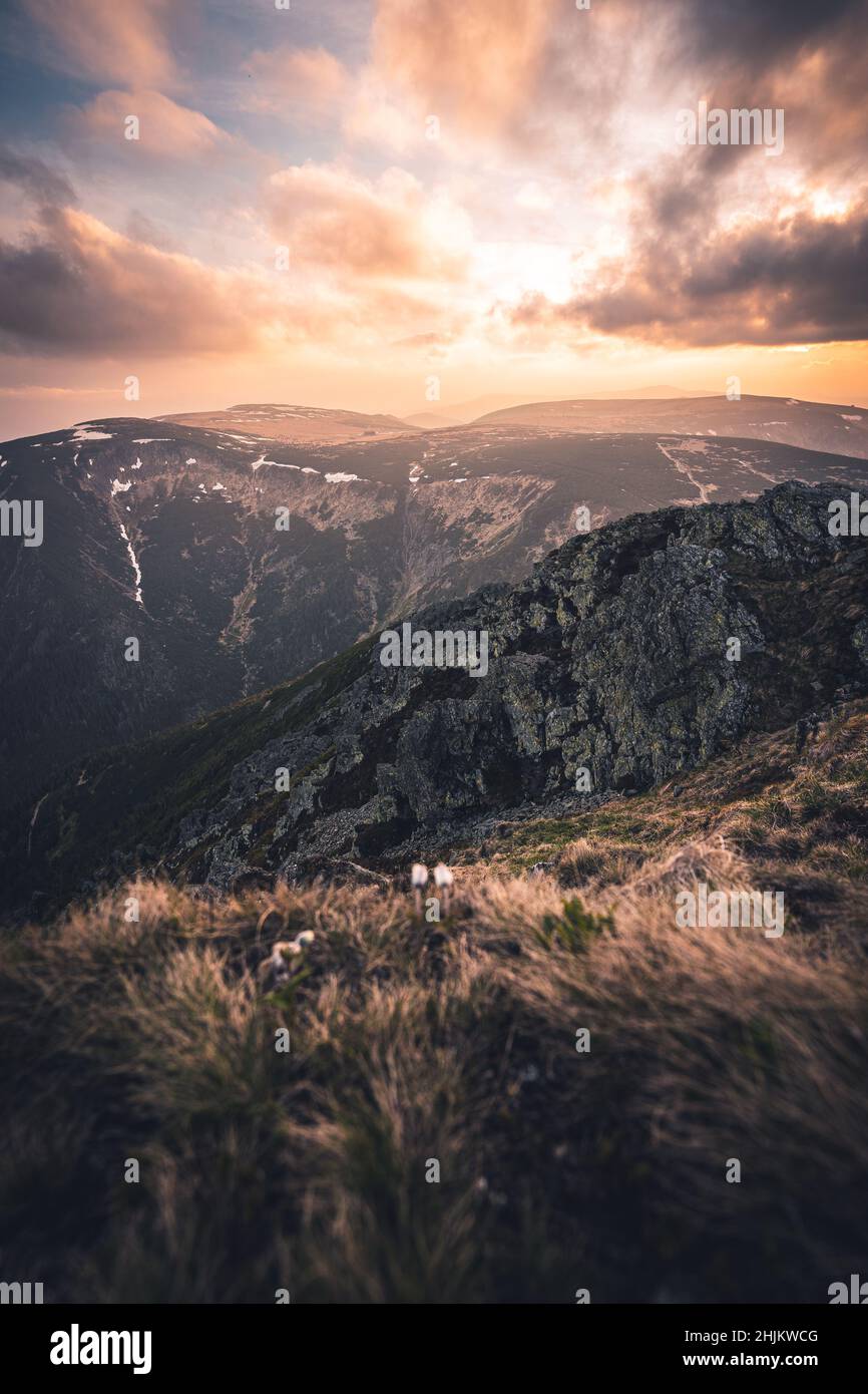 Sunset from the highest Czech mountain Snezka Stock Photo