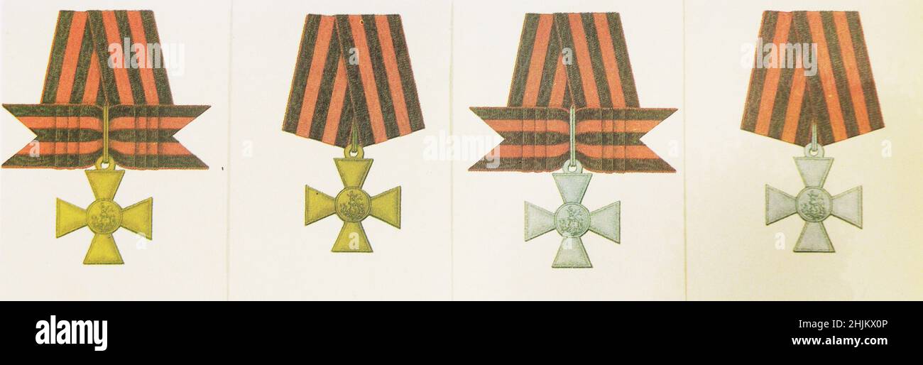 St. George's cross - insignia of the military order of 1-4 degrees of the Russian Empire. Engraving of the 19th century. Stock Photo