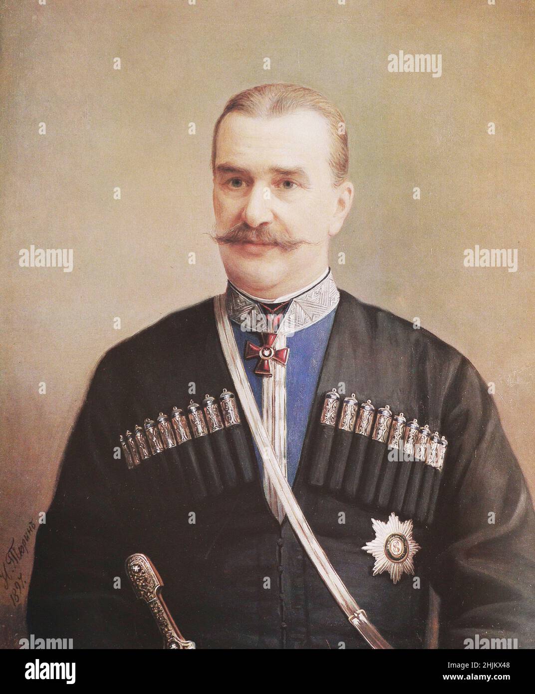 Portrait of a retired general of the Terek Cossack regiment V.A. Volotsky. Painting from 1897. Stock Photo