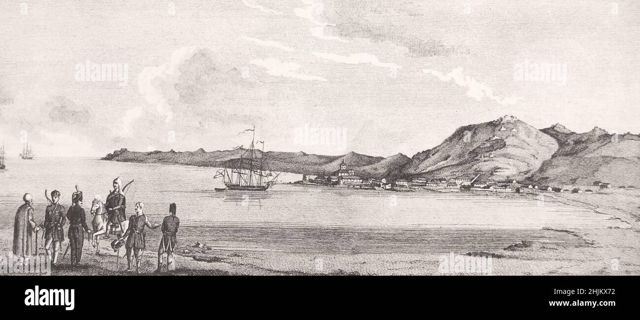 The city of Kerch in the Crimea. Engraving of the 18th century. Stock Photo