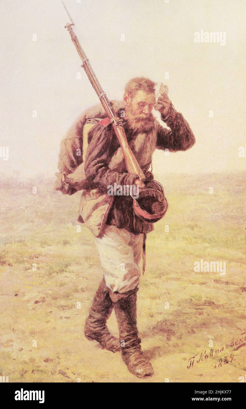 The painting 'Lagged Behind' painted by Kovalevsky P.O. in 1883. An infantryman of the Russian Empire of the 1870s is depicted. Stock Photo