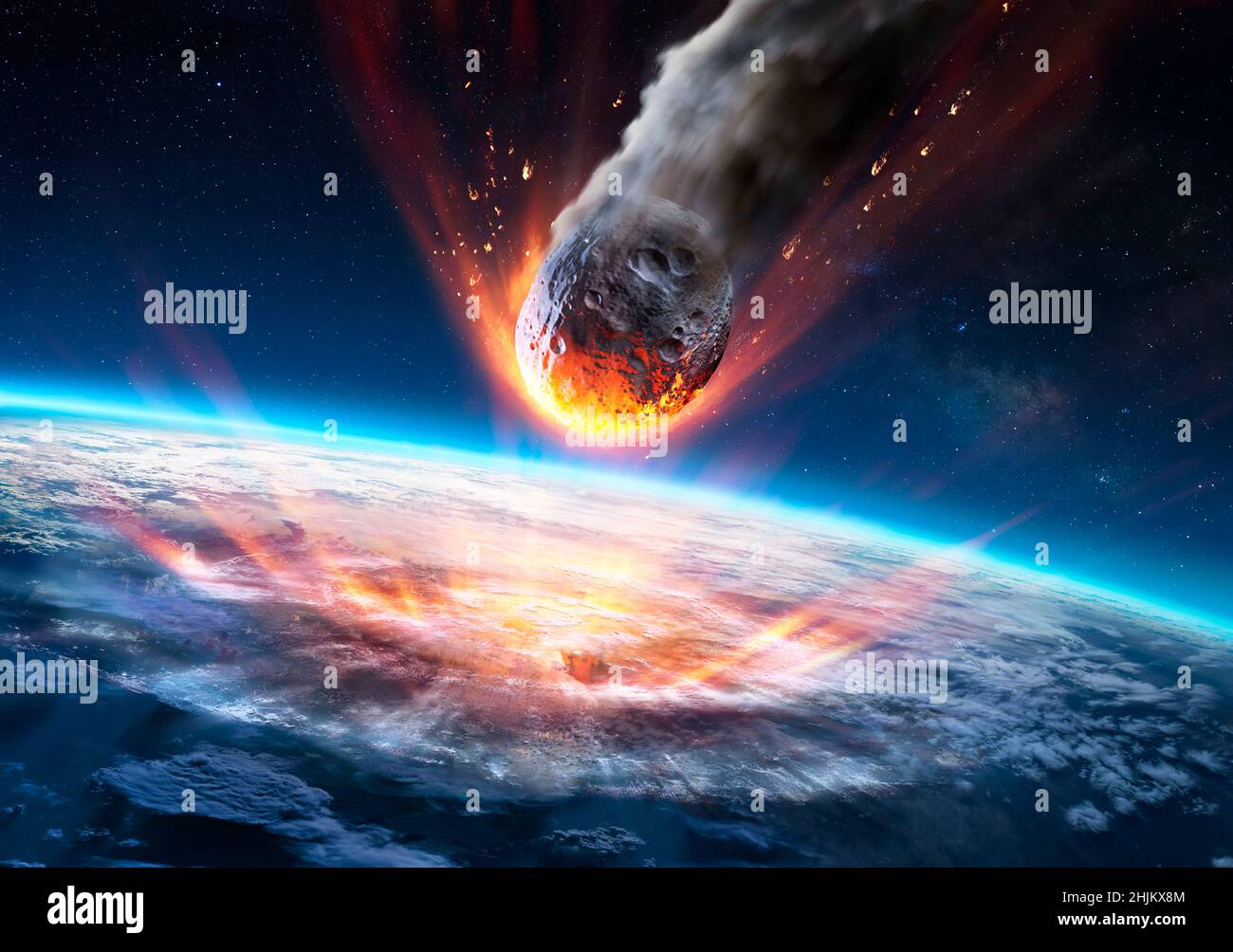 Asteroid Impact On Earth - Meteor In Collision With Planet - Contain 3d Rendering - elements of this image furnished by NASA Stock Photo
