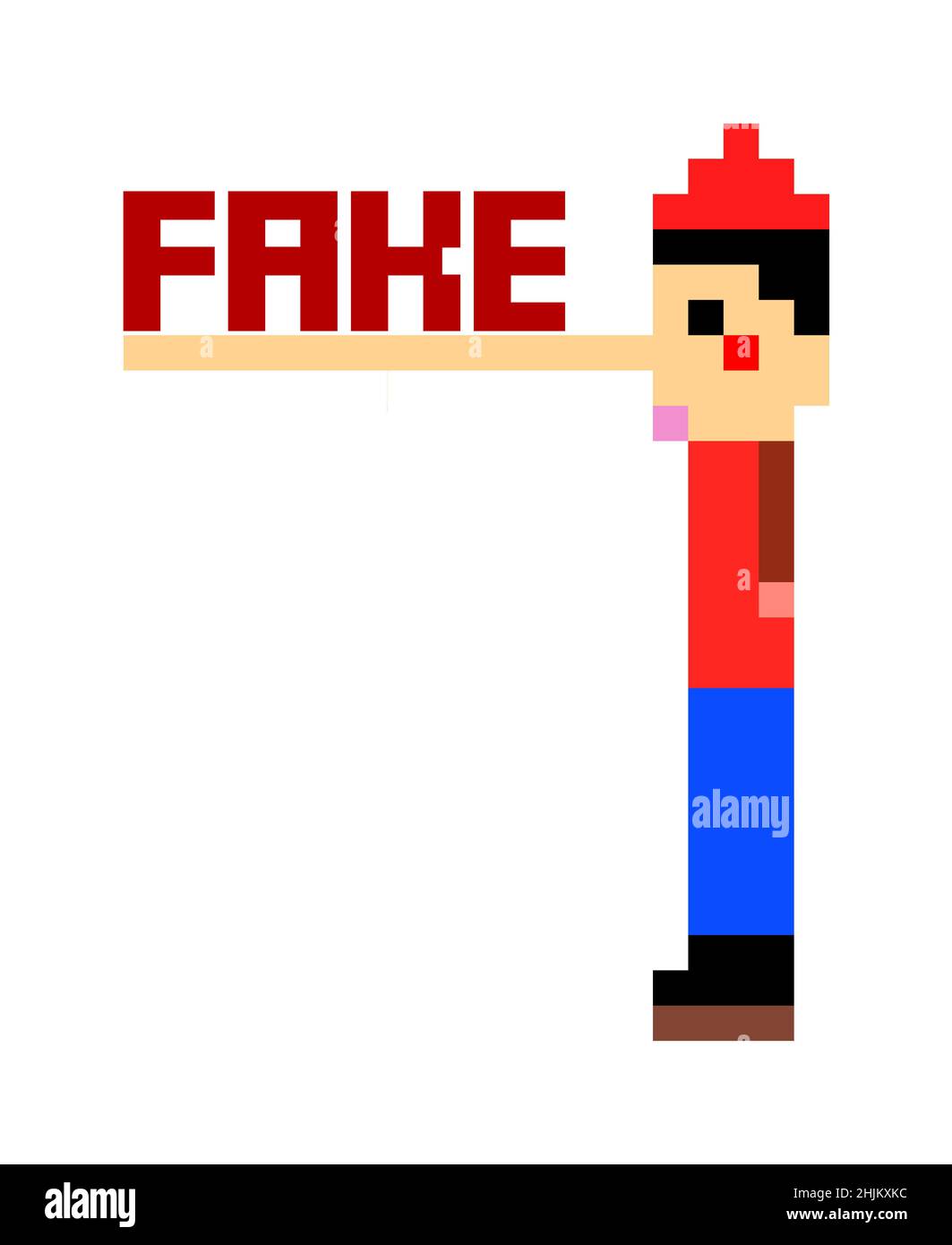 An 8-bit pixel art Pinocchio toy with a long nose and the text Fake. Stock Photo