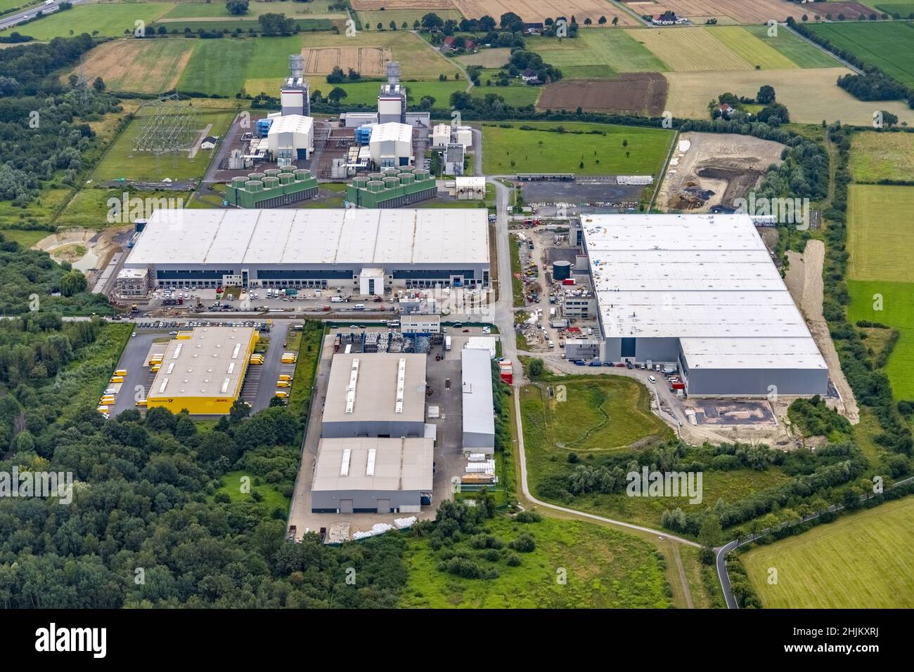 Aerial view, construction site and new building in DistributionPark Hamm, Trianelstraße and K'Park-Straße, two building complexes with offices and war Stock Photo