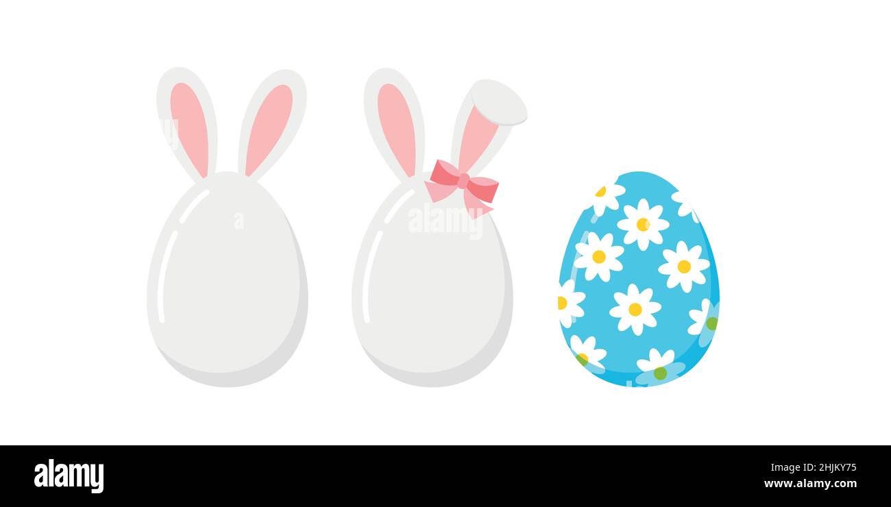 Easter cute eggs with bunny ears and flower icon set isolated on white ...