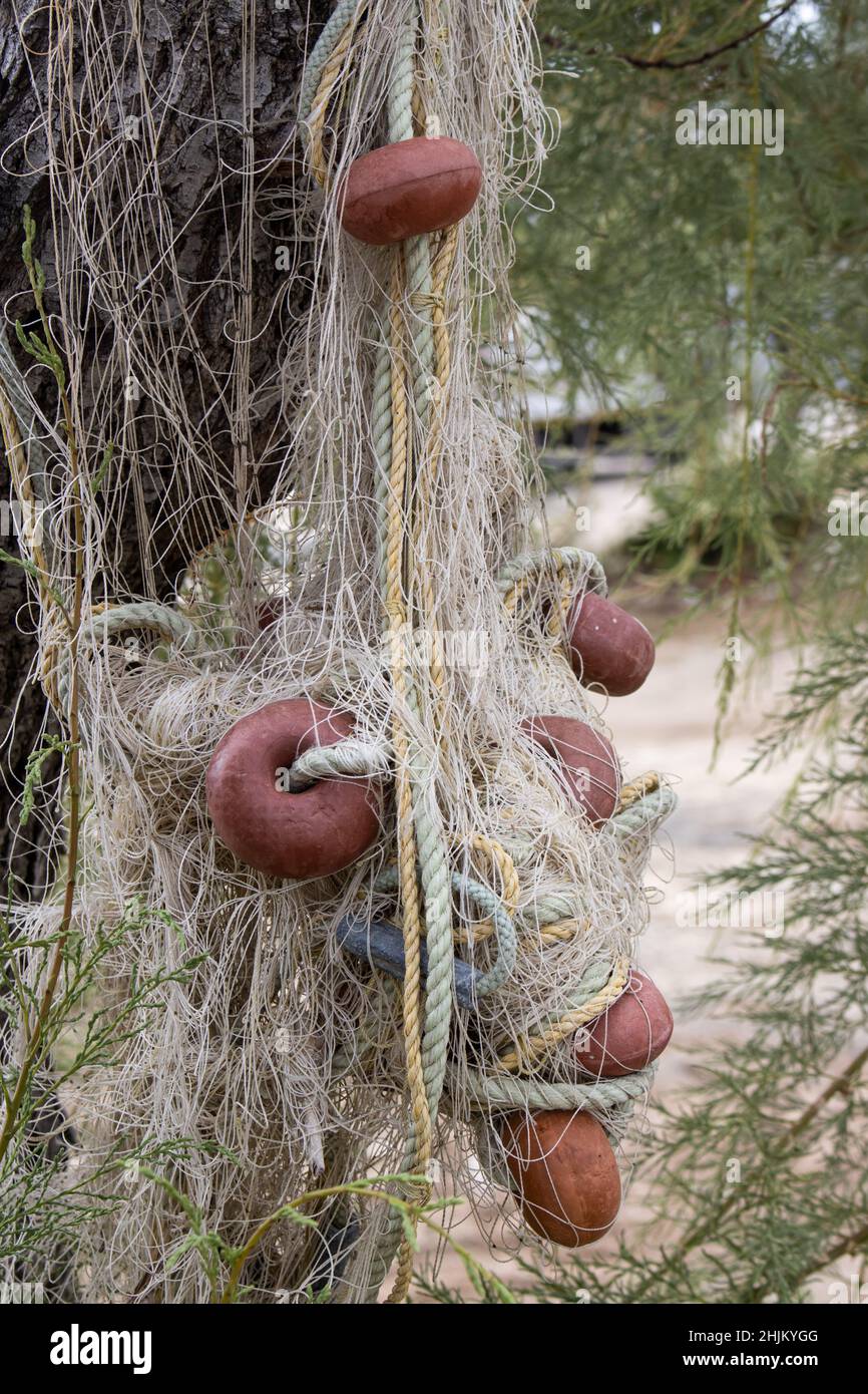 Old knotted fishing net hanging on a tree to dry. Small buoys. Green twigs of the tree. Roda, Corfu, Greece. Stock Photo
