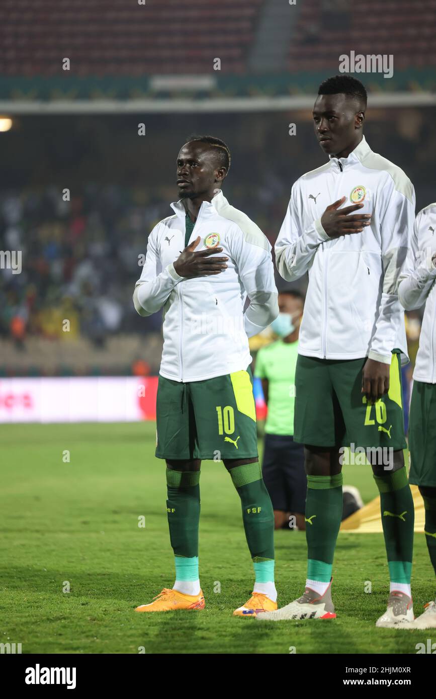 Cameroon, Yaounde, January 30 2022 - Sadio Mane and Pape Gueye of Senegal during the Africa Cup of Nations - Play Offs - Quarter-finals match between Senegal and Equatorial Guinea at Stade Ahmadou Ahidjo, Yaounde, Cameroon, 30/01/2022. Photo SF Credit: Sebo47/Alamy Live News Stock Photo