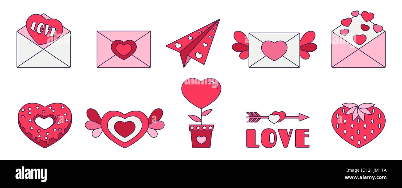 Retro Valentine Day set of icons. Love symbols in the fashionable pop line  art style. The figure of heart, rainbow, lock, balloon in soft pink, red an Stock  Vector Image & Art 