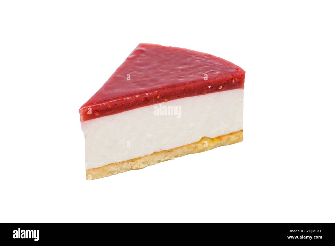A slice of cheescake with raspberry jelly isolated on a white