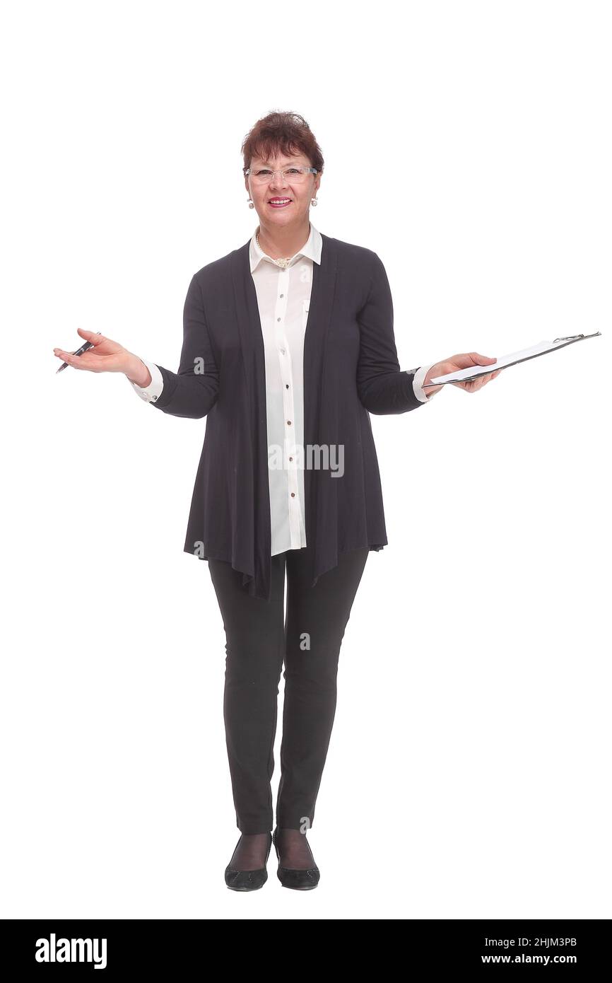 Portrait of mature business woman holding a clipboard Stock Photo - Alamy