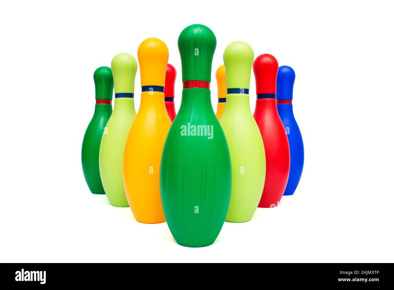 Colorful standing bowling pins, skittles isolated on white background